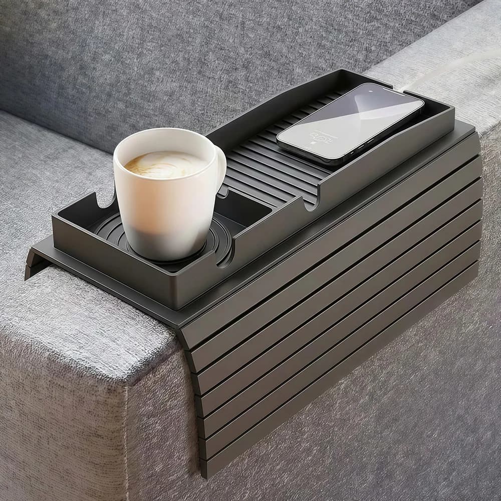 Couch Cup Holder Tray, Integrated Couch Arm Trays, Silicone Chair Clip on Tray, Armrest Tray for Snacks, Remote and Phones