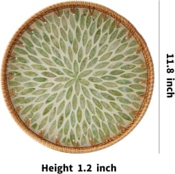 Round Rattan Tray with Mother of Pearl Inlay Rattan Serving Tray Wooden Base Storage and Display of Coffee Bread Food Fruit
