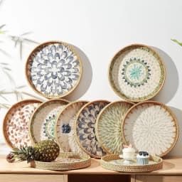 Round Rattan Tray with Mother of Pearl Inlay Rattan Serving Tray Wooden Base Storage and Display of Coffee Bread Food Fruit