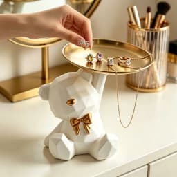 Novelty Geometric Bear Resin Jewelry Storage Tray Golden Iron Plate For Rings Bracelets Makeup Dresser Table Decor Ornament