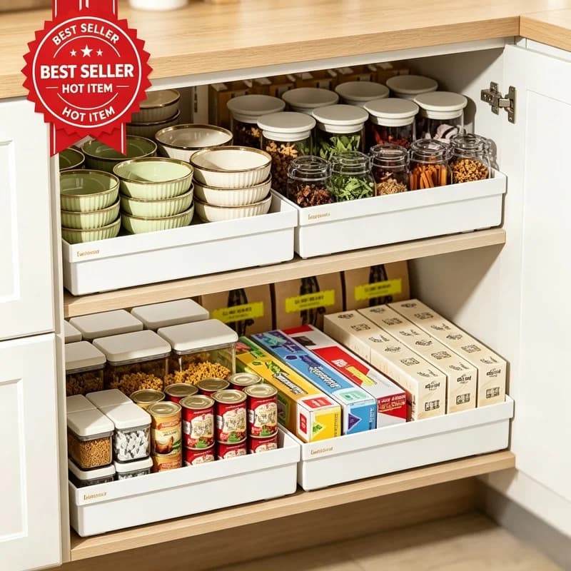 1Pcs Pull-out Drawer Type Kitchen Storage Rack with Slide Rails, Spice Box Storage Tray for Cupboard Cabinet Organization