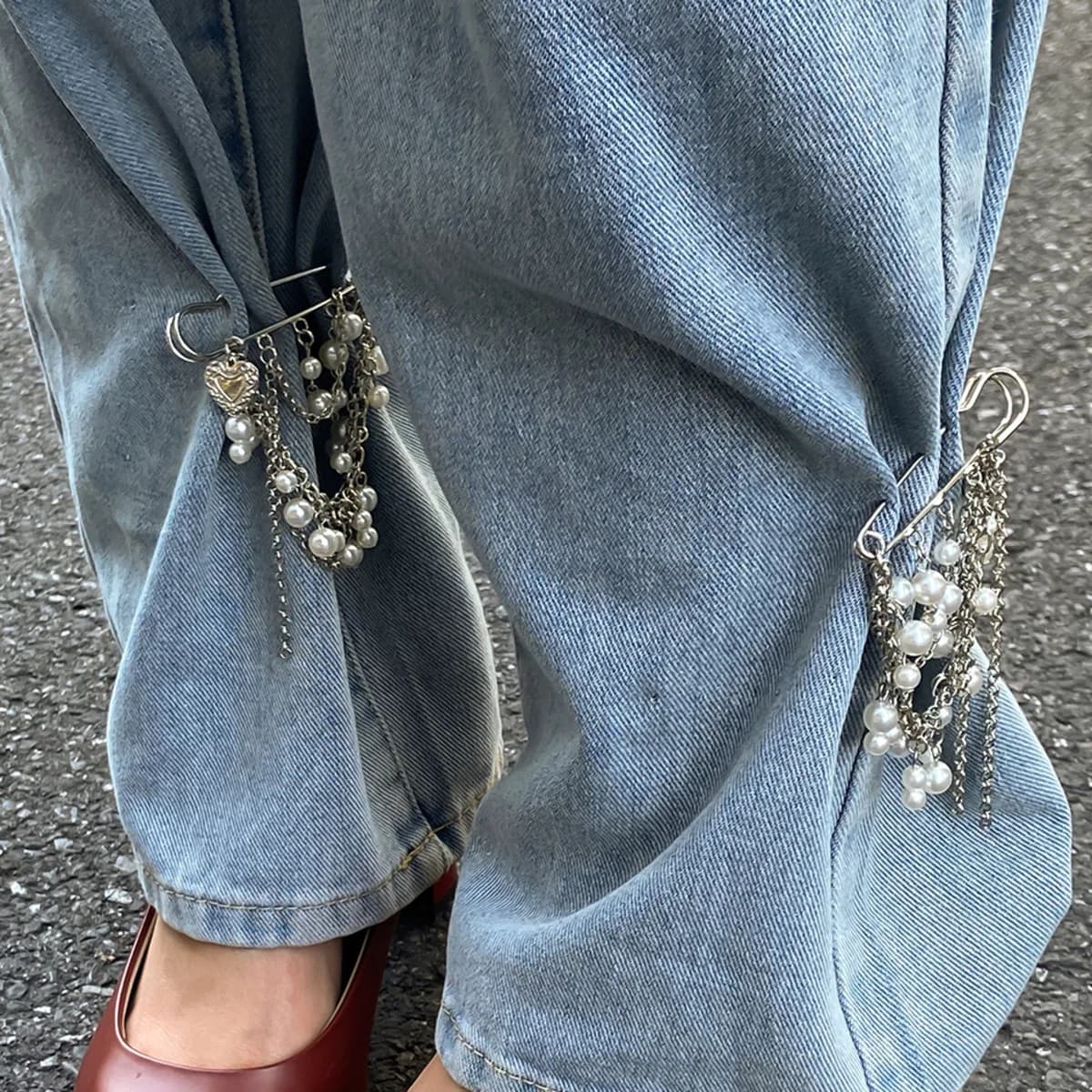 Salircon Fashion Elegance Imitation Pearl Tassel Ankles Chain Women Detachable Jeans Brooch Chain Clothing Jewelry Accessories