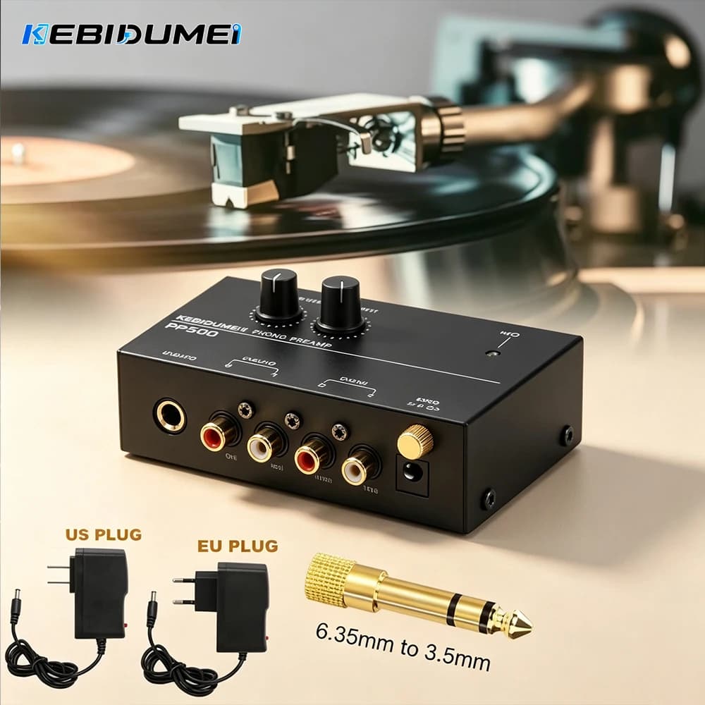 KEBIDUMEI PP500 Ultra-Compact Phono Preamp With Bass Treble Balance Volume Adjustment Turntable Preamplifier US EU Plug