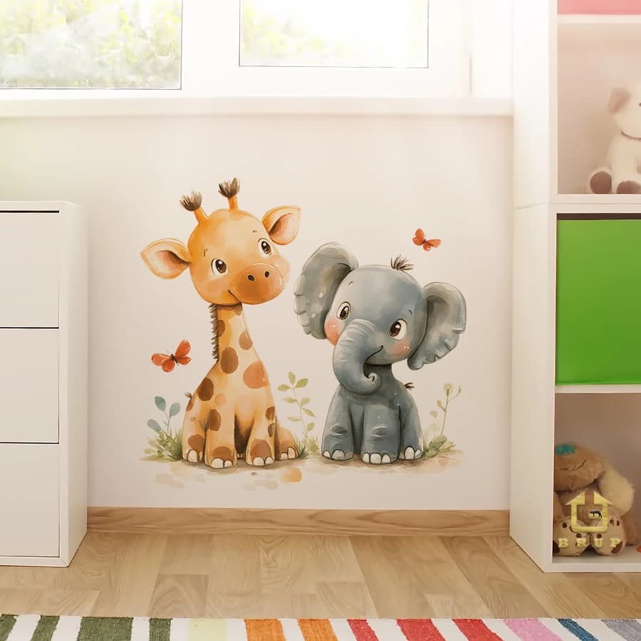 Cartoon Animal Wall Stickers - Giraffe And Elephant Design Removable Waterproof Decals For Kids Room, Nursery, Classroom Decor