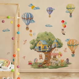 Cartoon Tree & Balloon Animals Wall Decals - Large Removable Vinyl Stickers For Kids Room Playroom Whimsical Forest Theme Decor