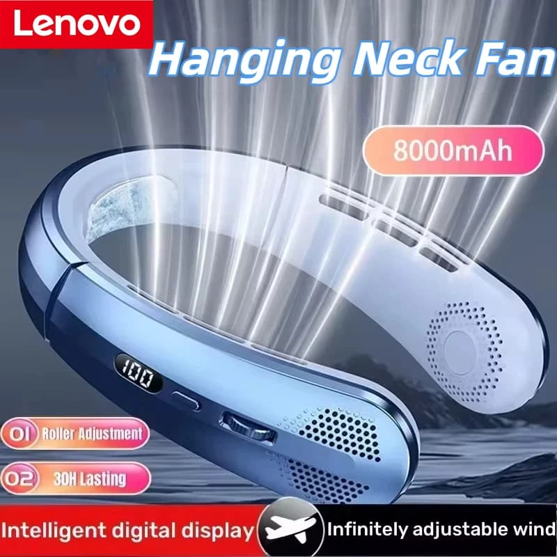 Lenovo 2026 8000mAh Air Cooler USB Hanging Neck Fan Portable Bladeless Mini Rechargeable Mute LED Digital Display Electric Fans