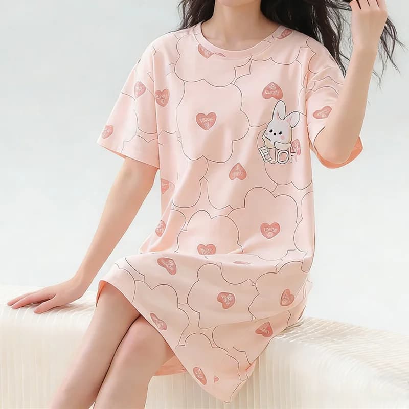 Summer Thin Short Sleeve Loose Women's Nightgown Cartoon plus Size Comfortable Home Clothes Casual Wear round Neck Pullover
