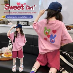 Summer Girls Cotton Alphabet Prints T-Shirt Tops+Plain Shorts Pant Workout Sets School Kids 2PCS Tracksuit Child Outfits 5-16 Yr