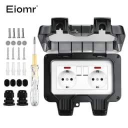 EIOMR 16A 220V IP66 Waterproof Double Socket,Black Outdoor Power Outlet with Switch,With Type C Charging Port EU Standard Socket