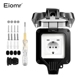 EIOMR 16A 220V IP66 Waterproof Double Socket,Black Outdoor Power Outlet with Switch,With Type C Charging Port EU Standard Socket