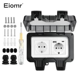 EIOMR 16A 220V IP66 Waterproof Double Socket,Black Outdoor Power Outlet with Switch,With Type C Charging Port EU Standard Socket