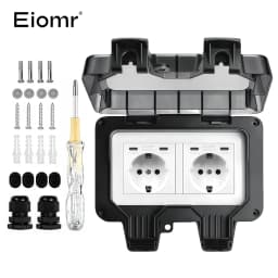 EIOMR 16A 220V IP66 Waterproof Double Socket,Black Outdoor Power Outlet with Switch,With Type C Charging Port EU Standard Socket