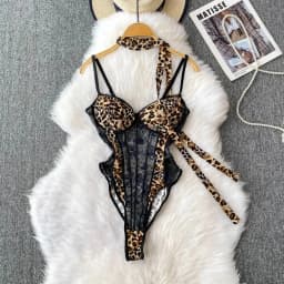 Women Leopard Print Velour Bodysuits Fashion One Piece Combination Halter Vintage Bodycon Sexy Onesie Lingerie Comfortable New