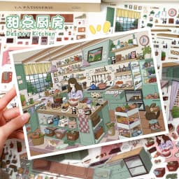 Kawaii Comfortable work 3D Dessert Kitchen Landscape Sticker DIY Pocket Cabin Scene festival gift