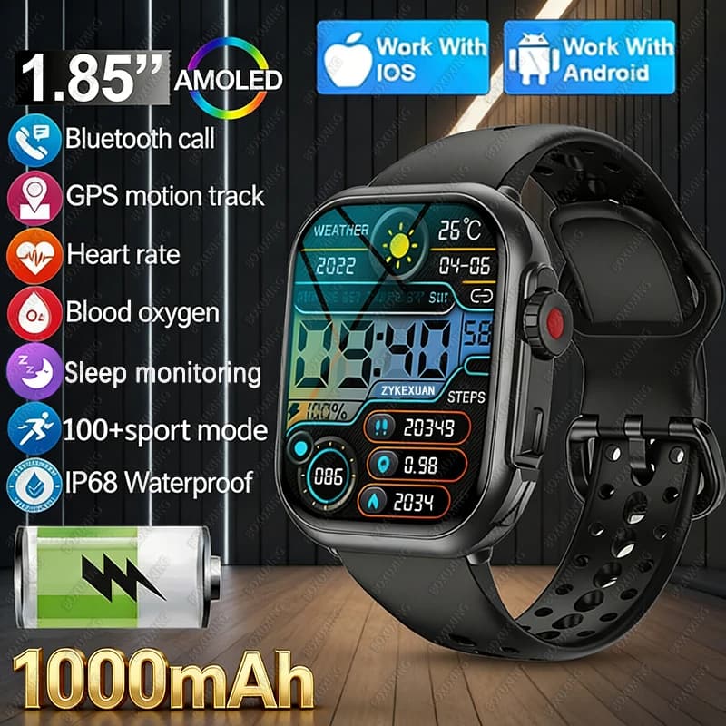 2026 New 1000 mAh Smart Watch Men Women 1.85“HD AMOLED GPS track Full Touch Screen IP68 Waterproof Bluetooth Call SmartWatch Man