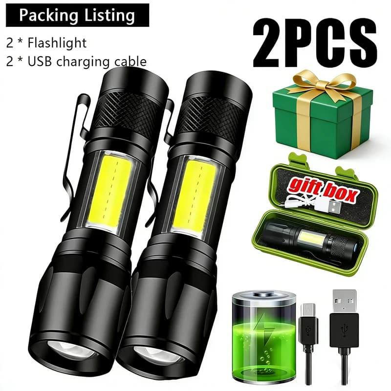 Mini LED Flashlight COB+XPE Portable Torch USB Charging Camping Lantern Zoomable Focus Light Tactical Flashlight with Pen Clip