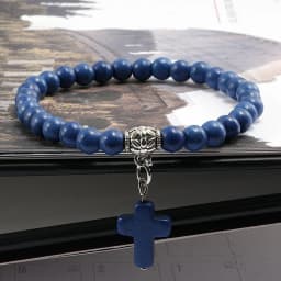 Vintage Cross Natural Stone 6mm Beads Bracelet Charm Men Blue Bead Pendant Strand Bracelets Bangles Women Fashion Jewelry Gifts