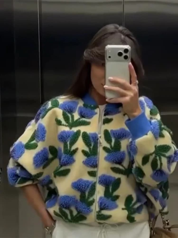 Cute Dreamy Flower Plush Jacket Chic Oversized Long Sleeves Zip Up Fleece Coat 2026 Casual High Street Women's Clothes