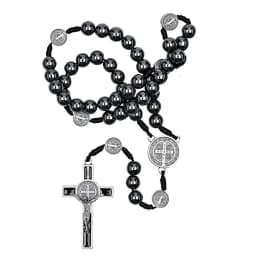 Catholic Rosary Car Ornament Black Hematite Bead Saint Benedict Medal Jesus Cross Auto Decor Automotive Decal