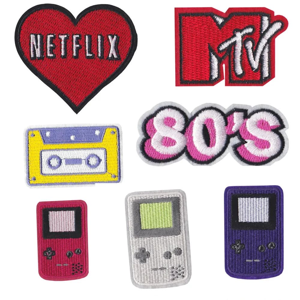 Retro Cute TV Tape Game Console Patches Embroidered Iron on Patches for Clothing DIY Motif Stripes Clothes Stickers Badges