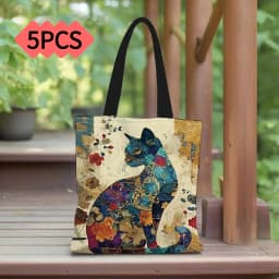1/5/10pcs Floral Cat Pattern Tote Bag, Aesthetic Canvas School Shoulder Bag, Lightweight Grocery Shopping Bag