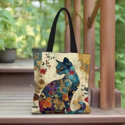 1/5/10pcs Floral Cat Pattern Tote Bag, Aesthetic Canvas School Shoulder Bag, Lightweight Grocery Shopping Bag