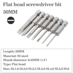 7pcs 50-100mm flat-blade screwdriver bit S2 alloy steel electric screwdriver bit 1.6-6.0 multifunctional manual screwdriver bit