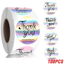 100-500pcs Rainbow Laser Thank You Stickers 1inch Small Business Stickers Adhesive Labels for Boutiques Wrapping Supplies