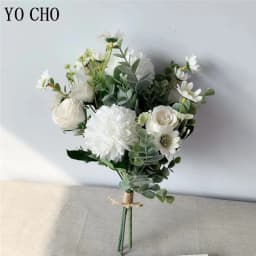 Meldel Wedding Flower Bouquet Artificial Silk Rose Lucky Ball Flower Home Wedding Decor Bride Bouquet Forest Style Eucalyptus
