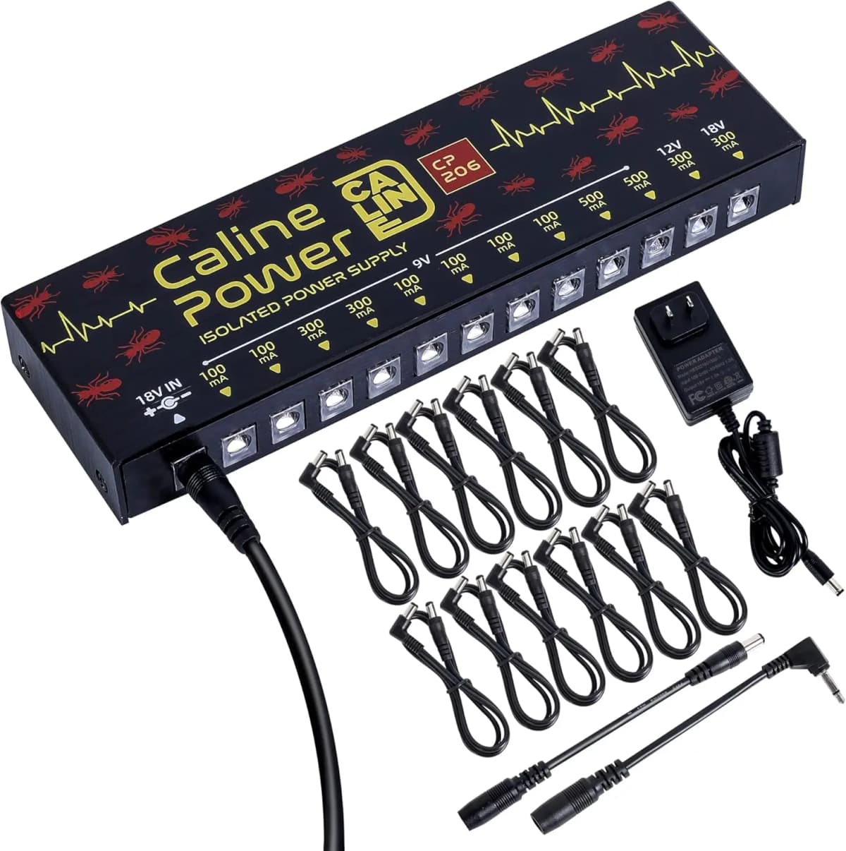 Caline CP-206 Truly Isolated Pedal Power Supply 12 Outputs For Guitar Effects with Adapter and Cables