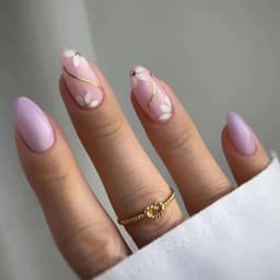 24pcs/Box Fresh Floral Almond False Nails Press On Nails Detachable Fake Nail Tip Purple with Design Manicure Patches