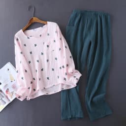 New Japanese Style Spring And Autumn Ladies Cotton Crepe Cloth Long-sleeved Trousers Pajamas Cactus Comfortable Home Service