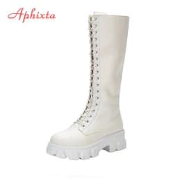 Aphixta 2026 Winter Shoes Women's Long High Boots White PU Leather Knee High Boots Female Fashion Lace Up Platform Botas Mujer