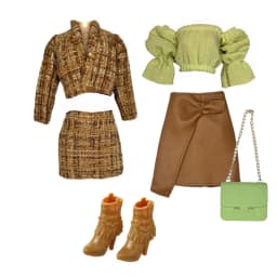 Elegant Doll Outfit for 1/6 Doll Fashion Doll Pink Houndstooth Dress Hat Gold Belt Handbag with Shoes set
