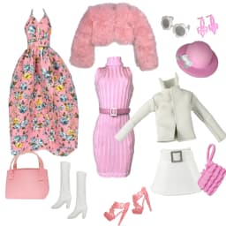 Elegant Doll Outfit for 1/6 Doll Fashion Doll Pink Houndstooth Dress Hat Gold Belt Handbag with Shoes set