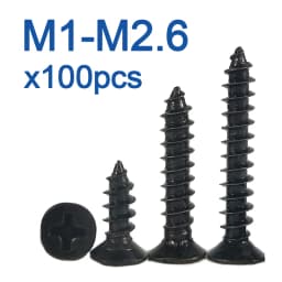 100pcs/lot M1.2 M 1.3 M1.4 M1.5 M1.6 M1.7 1.8 M2.2 2.5 2.6 Black Carbon Steel Phillips Flat Countersunk Mini Self-tapping Screw