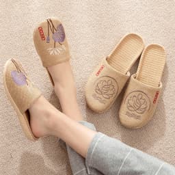Mntrerm 2023 New Men's and Women's Slippers Baotou Embroidered Linen Slippers Four Seasons Breathable EVA Home Viscose Slippers