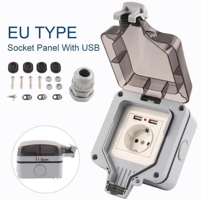 IP66 EU Standard German Style Outdoor Waterproof with USB Socket Wall Power Switch Socket Plug Outlet AC 250V 16A Home