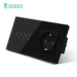 BSEED Touch Light Switch Wall Socket Glass 1/2/3Gang Touch Screen Switch Power Outlet Max.300W/Gang Led Switch Wall Socket Black