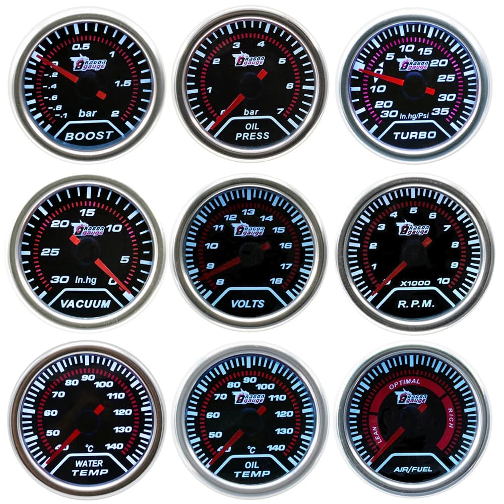 Dragon 52mm Pointer Auto Car Refit Tachometer Water Oil Temperature Boost Pressure Volt Exhaust Gas Gauge Aif Fuel RPM Meter