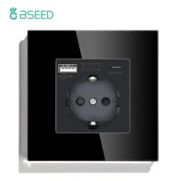 BSEED EU Double Wall Light Switches Touch Switch Wall Socket USB Type-C Charge Port Crystal Glass Panel Switch Blue Blacklight