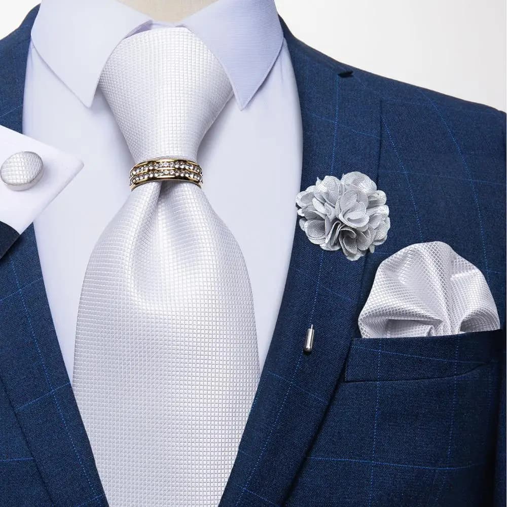 8cm Men Tie White Solid Necktie Men's Formal Wedding Party Ties Cufflinks Hanky Flower Brooch Set Men Gift Corbatas DiBanGu