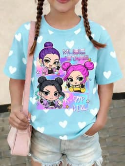 Kpop Cartoon Graphic Girls T-Shirt Casual Round-Neck T-Shirt Suitable for Girls Kids Gift Short Sleeve Tops Children's Clothing