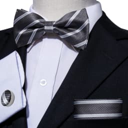 Barry.Wang White Black Gray Silver Silk Mens Bow Tie Jacquard Paisley Floral Pre-Tied Bowtie Hanky Cufflink Set Wedding Business