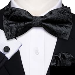 Barry.Wang White Black Gray Silver Silk Mens Bow Tie Jacquard Paisley Floral Pre-Tied Bowtie Hanky Cufflink Set Wedding Business