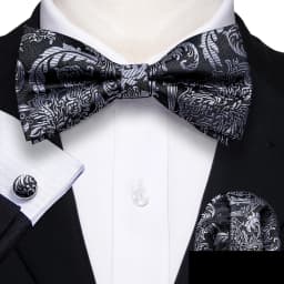 Barry.Wang White Black Gray Silver Silk Mens Bow Tie Jacquard Paisley Floral Pre-Tied Bowtie Hanky Cufflink Set Wedding Business