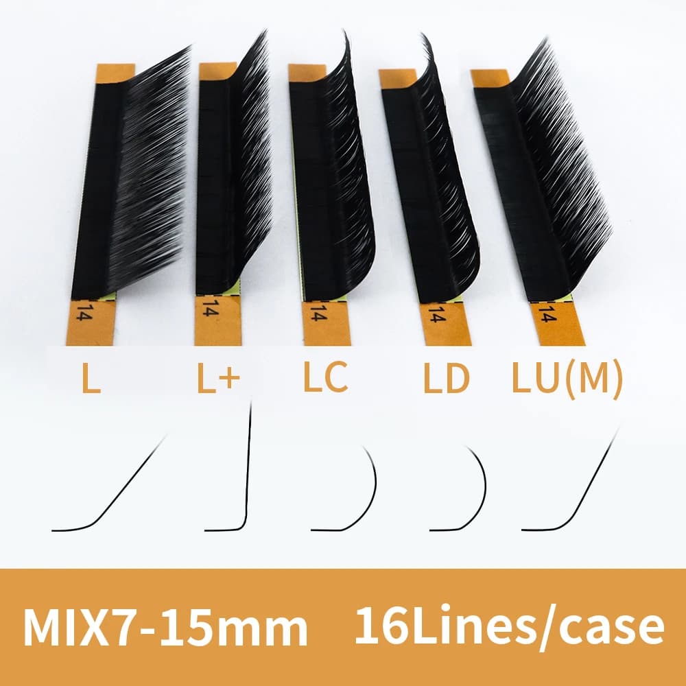 GLAMLASH L/L+/LC/LD/LU(M)/N Curl 16Rows False Eyelash Extensions Mink Black Material 7-15mm Mixed Tray L Curl Makeup Lashes