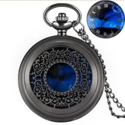 Exquise Starry Blue Dial Pendant Bronze Hollow Case Quartz Pocket Watch Roman Numerals Retro Watches Souvenir Gift for Men Women