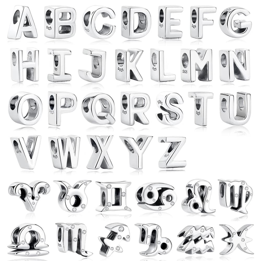 Original 925 Sterling Silver Charms Beads 12 Zodiac A-Z Letters Virgo Aries Fit Brand Bracelets Necklaces Jewelry For Women