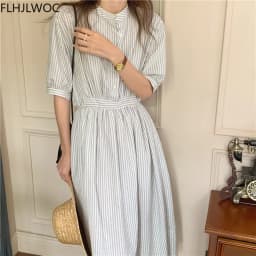 Chic Korea Feminine Vestidos Fashion Women Japan Korea Style Single Breasted Button Striped Long Shirt Dress